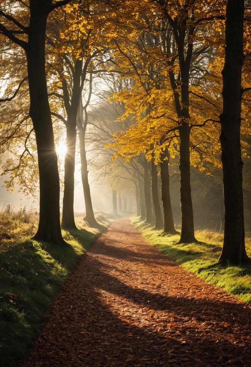 00018-photograph, a path in the woods with leaves and the sun shining , by Julian Allen, dramatic autumn landscape, ears, park, take o.png